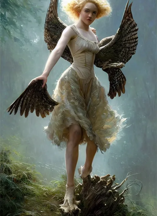 Prompt: harmony of swamp, beautiful julia garner with owl wings & tail wearing random clothes, amazing composition & dynamic posing, by franz xavier leyendecker, wlop! muted colors, highly detailed, fantasy art by craig mullins, thomas kinkade cfg _ scale 9