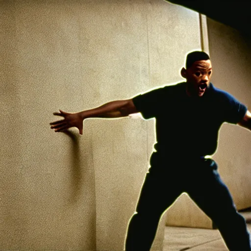 Image similar to will smith slapping a wall. training montage, movie still, cinematic lighting, 3 5 mm film.