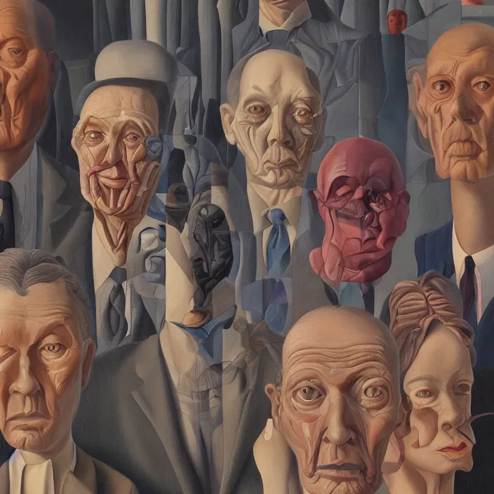 Image similar to group of people pictured in afternoon light, close - up of the faces, anatomically and proportionally correct, surrealist oil painting by james jean, dora maar and rene magritte, detailed, cgsociety,