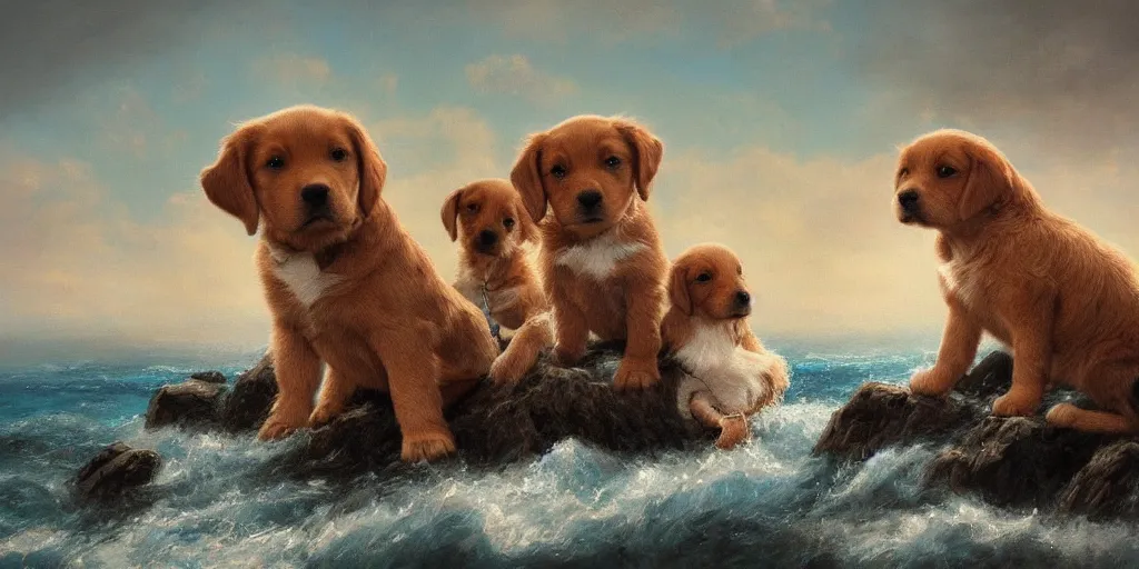 Prompt: a beautiful seascape with puppies, detailed, intricate, beautiful, masterpiece, trending on artstation