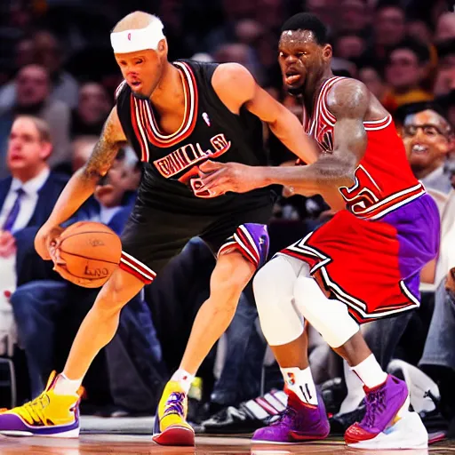 Prompt: a basket ball game between chicago bulls and la lakers