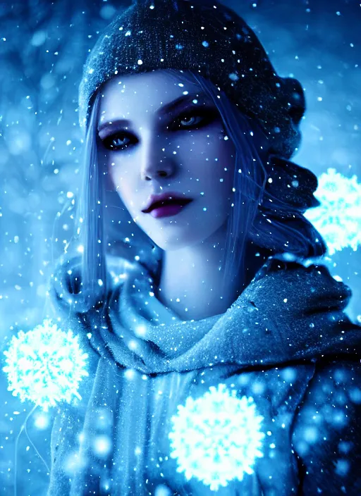 Image similar to a beautiful white sorceress with snowflakes on her hair, snow particles, bokeh, glowing light orbs, intricate concept art, elegant, smooth, illuminated lines, outrun, vaporware, dark background, cyberpunk darksynth, ethereal, ominous, misty, 8 k, rendered in octane, by ruan jia and jeremy mann