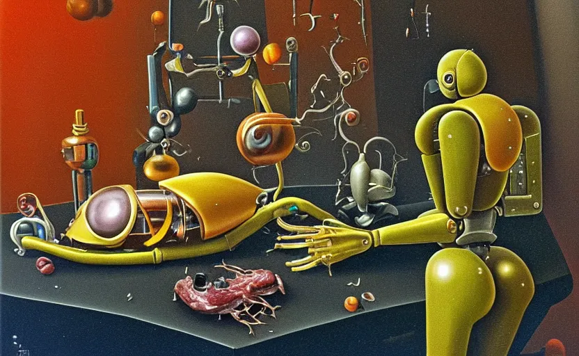 Image similar to strange seductive futuristic robot body, enticing colorful oil painting dutch golden age vanitas still life sparse composition with bulbous objects strange gooey transparent surfaces shiny metal reflections bizarre mutant meat insects rachel ruysch dali todd schorr very detailed perfect composition rule of thirds masterpiece canon 5 0 mm, cinematic lighting, photography, retro, film, kodachrome