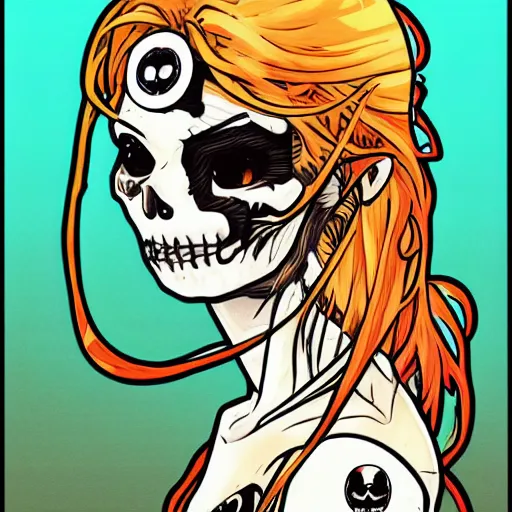 Image similar to anime manga skull portrait girl female profile skeleton astronaut illustration 80s art frank miller dirko and alphonse mucha pop art nouveau