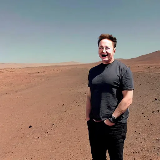 Prompt: Happy Elon Musk on Mars, photo, centered, full body, grand gesture, 2040