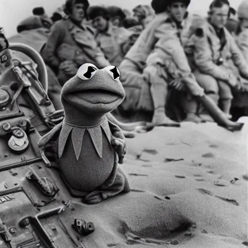 Prompt: kermit the frog in the invasion of normandy beach, vintage black and white photograph