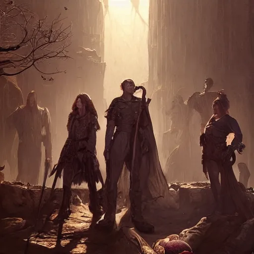 Prompt: epic masterpiece of cinematographic hyperrealism where a group of archeologists appears in front of a large vampire tower. realistic shaded lighting poster by craig mallismo, artgerm, jeremy lipkin and michael garmash, unreal engine, detailed and intricate environment, digital art, art station trends, horror, night, darkness