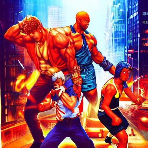 Prompt: streets of rage video game cover with johnny lawrence and lucas sinclair, highly detailed, digital painting, artstation, smooth, sharp focus, by sega art designers