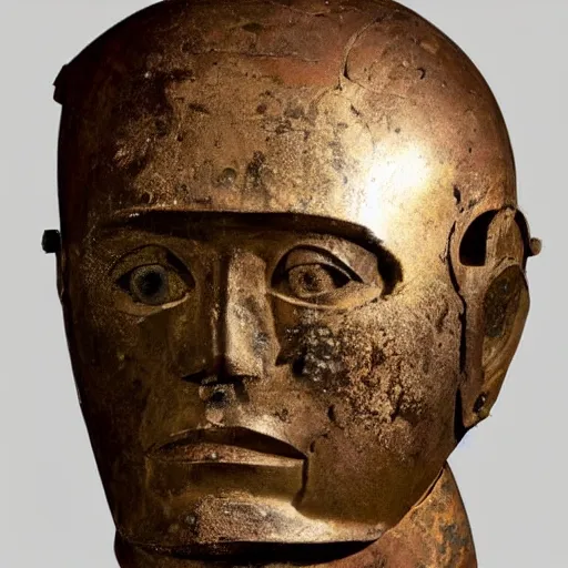 Image similar to an extremely ancient ironman bust that is tarnished and covered in sediment from uncovered earth expedition, rare photograph, smithsonian,