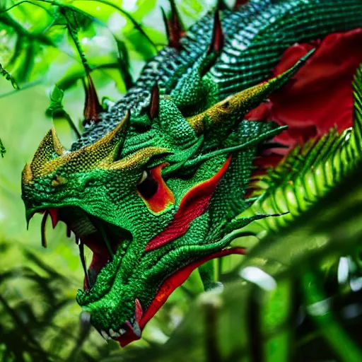 Prompt: a green and red dragon eating in a rain forest