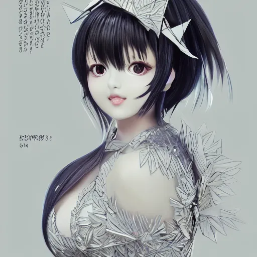 Prompt: the portrait of an absurdly beautiful, elegant, fashionable gravure idol made of white paper origami cranes, hyperrealistic anime illustration by kim jung gi, iralki nadar, extremely detailed intricate linework, reflective eyes, smooth, super sharp focus, bright colors, high contrast, matte, octopath traveler, unreal engine 5, perfect render, global illumination, radiant light