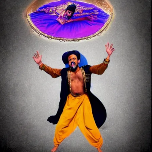 Image similar to bad photoshop of an indian man on a flying carpet singing alladin