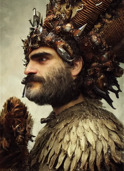 Prompt: joaquin phoenix with a armor made of animals, cow horns, pig nose, sheep wool, chicken feather armor, majestic, fierce, by anna podedworna, by miklos ligeti, by diego maricato, by taran fiddler, by antonino truisi, by chris reddie, by jinsung lim, trending on artstation