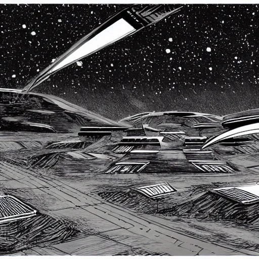 Image similar to a black pen sketch of a futuristic martian civilization, solarpunk