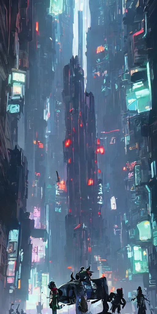 Image similar to the entrance of a stronghold located in the middle of spiderman : into the spider - verse ( 2 0 1 8 ) new york city, by ashley wood and phil hale, blade runner, masterpiece, award - winning, sharp focus, intricate concept art, ambient lighting, 8 k, artstation, pixiv