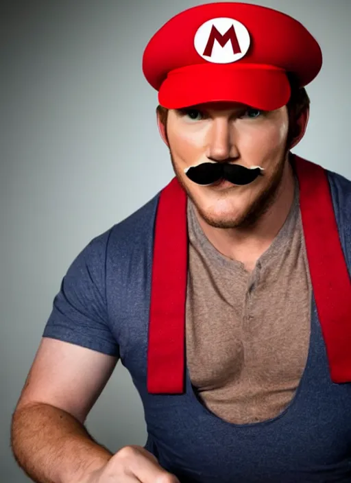 Prompt: chris pratt dressed as mario, cosplay, mustache, detailed face, good lighting, promo shoot, studio lighting