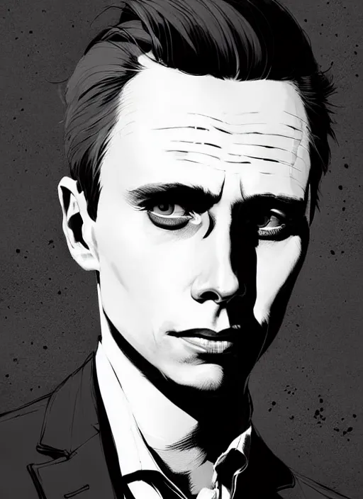 Image similar to highly detailed closeup portrait of martin wallstrom, tyrell wellick, slick back hair wearing suit by atey ghailan, by greg rutkowski, by greg tocchini, by james gilleard, by joe fenton, by kaethe butcher, gradient blue, black and white color scheme, grunge aesthetic!!! ( ( graffiti tag wall background ) )