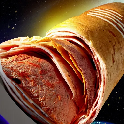 Prompt: Döner kebab floating in space, stars, nasa image, space telescope