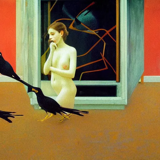 Image similar to a battle if crows in an abandoned building, hyperrealistic film still by edward hopper, by gottfried helnwein, by klimt, by paolo uccello, art nouveau, highly detailed, strong lights, liminal, eerie, metaphysical, bright pastel colors