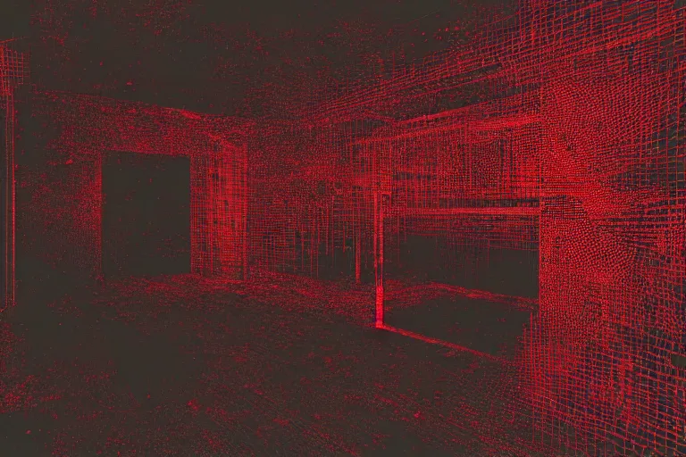 Image similar to cctv footage of an extremely dark empty room with evil horror cryptid monster made out of static, dark deep black shadows, crimson red and black color contrast in the style of trevor henderson and james ensor goya, liminal space, 3 d render, glitch effect