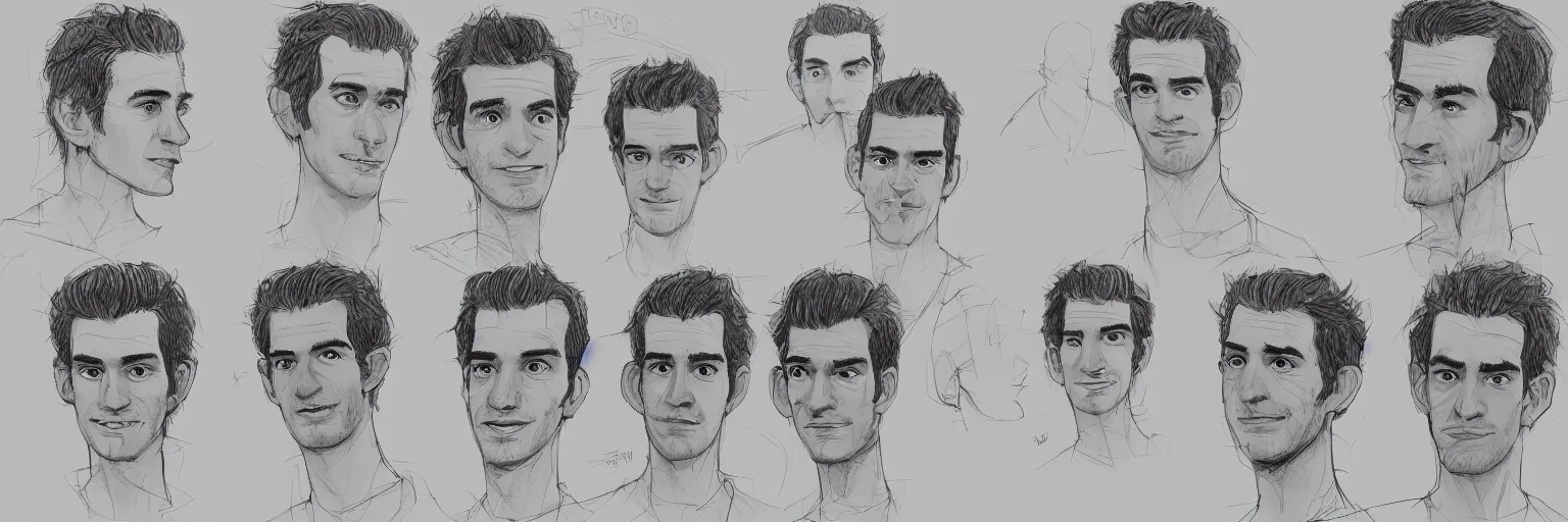 Prompt: character study of julian lage and andrew garfield, clear faces, innocent, naive, character sheet, fine details, concept design, contrast, kim jung gi, pixar and da vinci, trending on artstation, 8 k, full body and head, turnaround, front view, back view, ultra wide angle