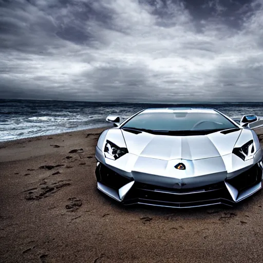 Image similar to A beautiful silver Lamborghini aventador on the beach, 8k, beautiful reflection