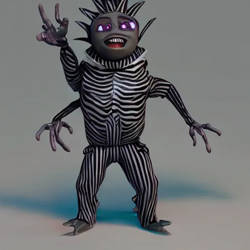 Prompt: plastic toy cute figurine of beetlejuice, blender, unreal engine, concept art, octane render, highly detailed, smooth, sharp focus