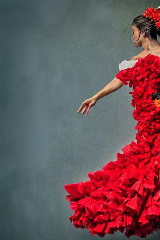 Image similar to spanish flamenco dancer in mallorca wearing a red dress made of flowers, head if red vapor disappearing into ether, evening, dimly lit, foggy, photo realistic, extreme detail skin, no filter, slr, 4 k, high definition