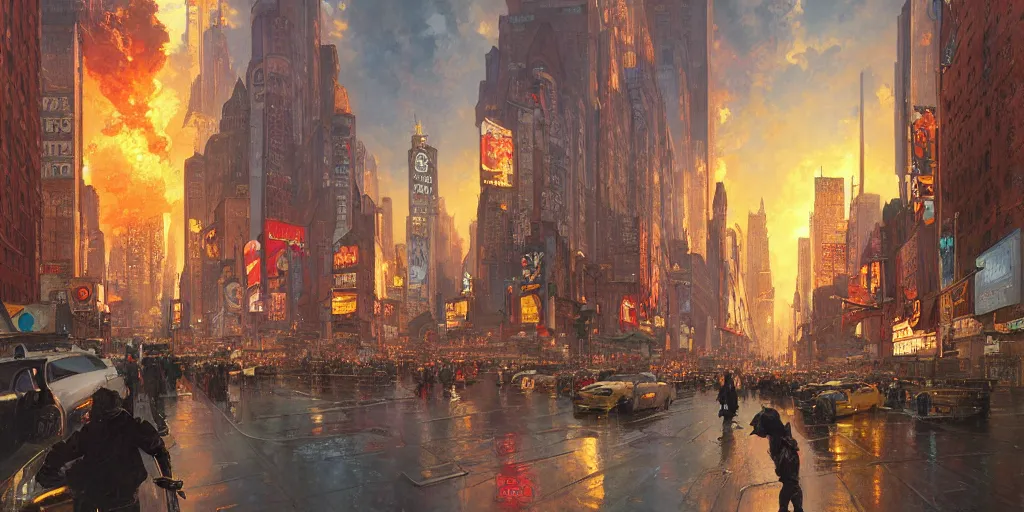 Prompt: New York on fire, by Stanley Artgerm Lau , greg rutkowski, thomas kindkade, alphonse mucha, loish, norman rockwell