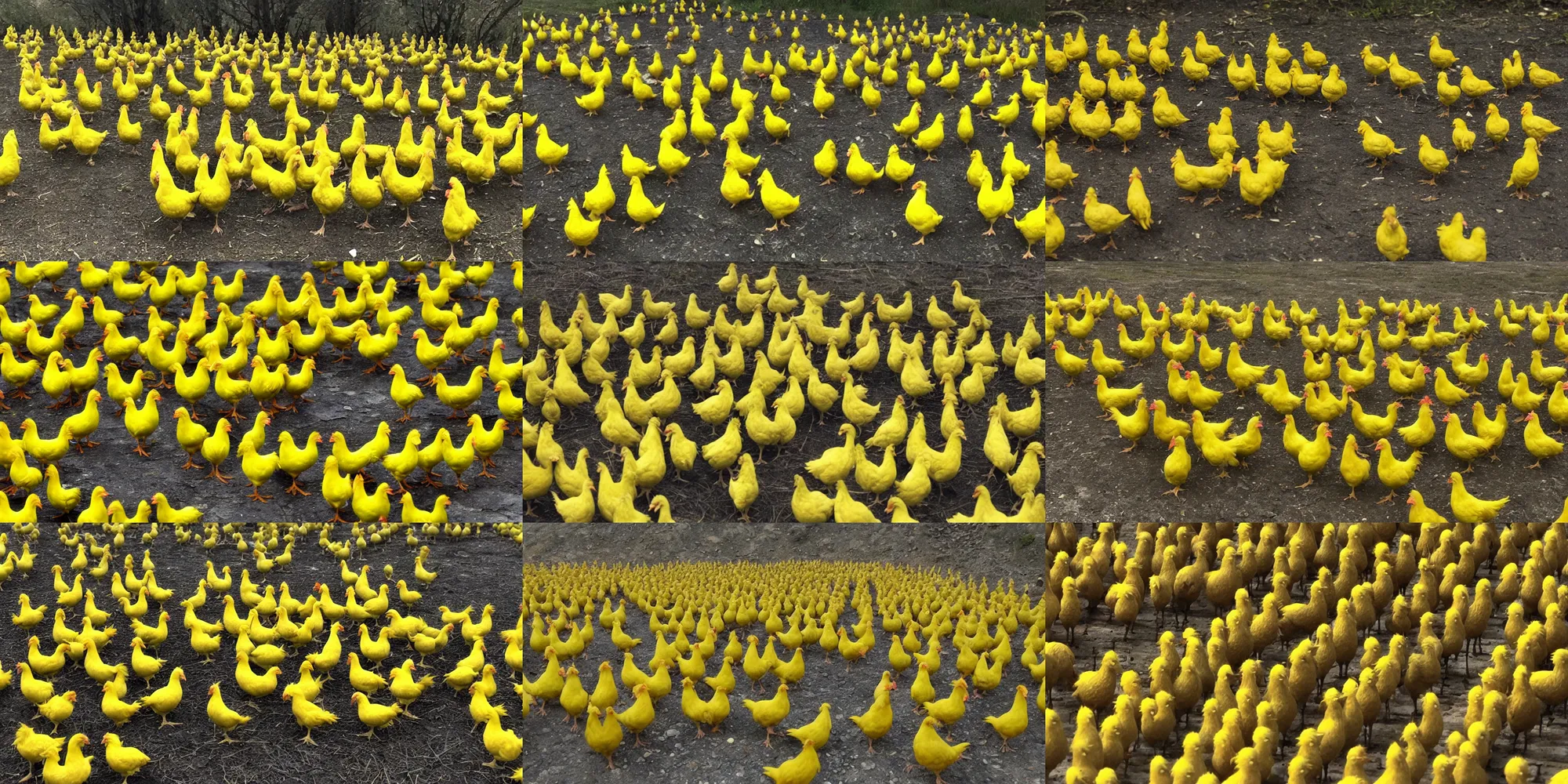 Prompt: an army of small yellow chickens at the Battle of Helm's Deep