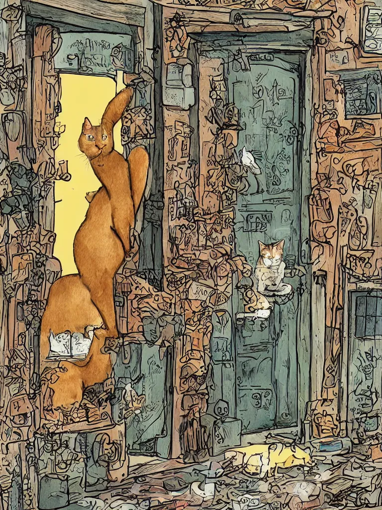 Prompt: fantastic illustration of a door into summer on the crowded city street, a ginger cat sits near the door, illustration of robert heinlein novel door into summer