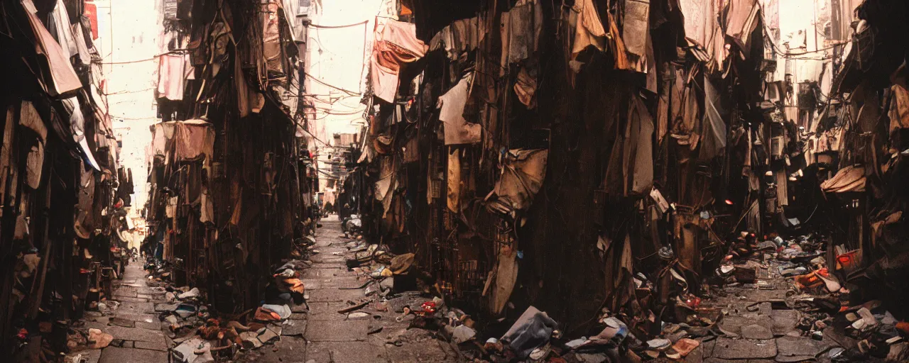 Prompt: dynamic pov 28mm lens view, running through a crowded narrow alley in kowloon walled city, dirty, fluorescent lights, evening, tungstem color balance, cinestill, street photography