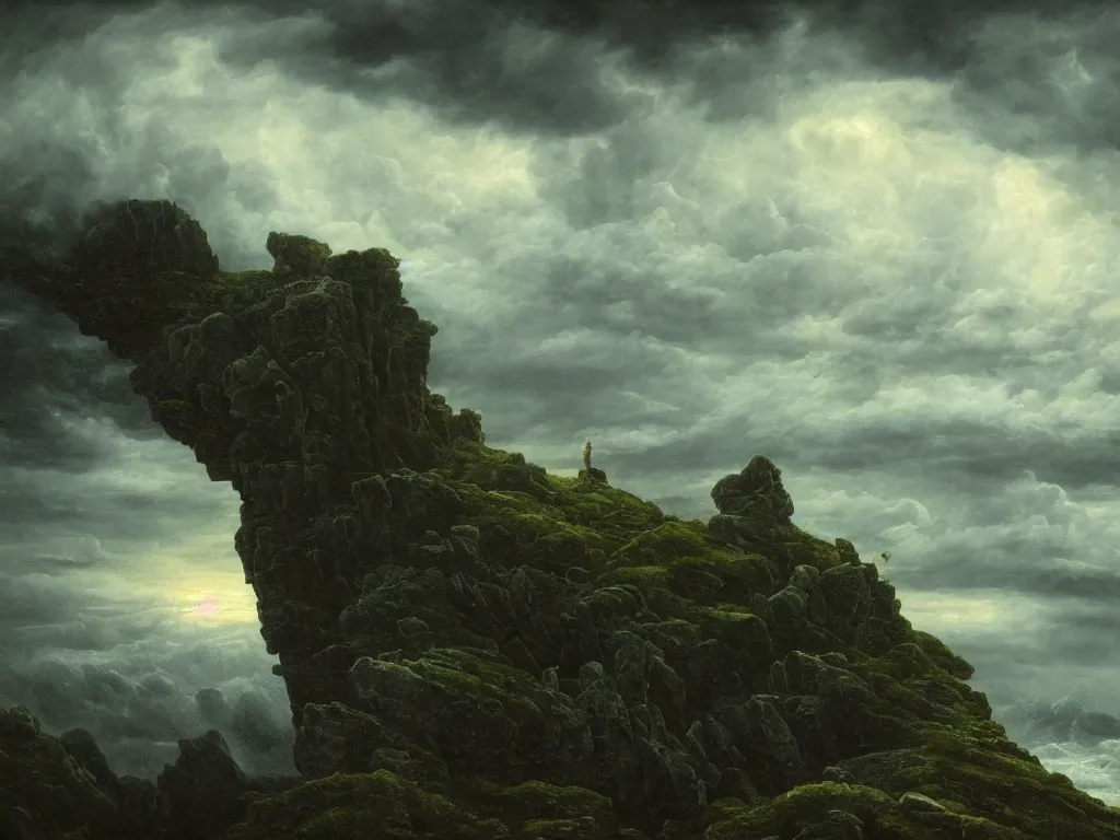 Prompt: detailed landscape, high cliff, very detailed dark super storm, hyper realistic clouds, impressive, magical, very atmospheric, smoke boiling, cinematic, deep, very high complexity, stunning, masterpiece, chiaroscuro, in the style of caspar david friedrich, very detailed. 4 k