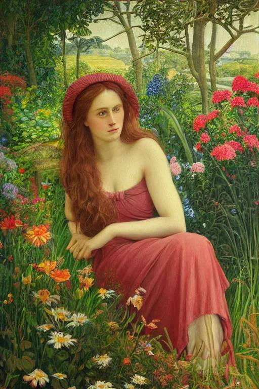 Image similar to beautiful painting of a woman in garden, in the style of the pre - raphaelites, sharp focus, global illumination, highly detailed, masterpiece, award winning, post processing