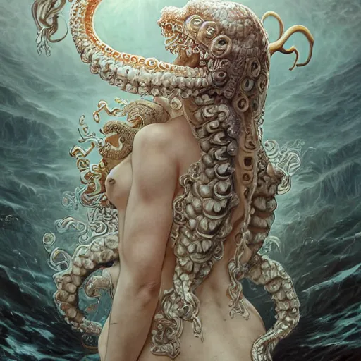 Image similar to a photograpic portrait of a anthropomorphic kraken wearing white clothes, fantasy, intricate, elegant, highly detailed, digital painting, artstation, concept art, smooth, sharp focus, illustration, art by artgerm and H R Giger and alphonse mucha