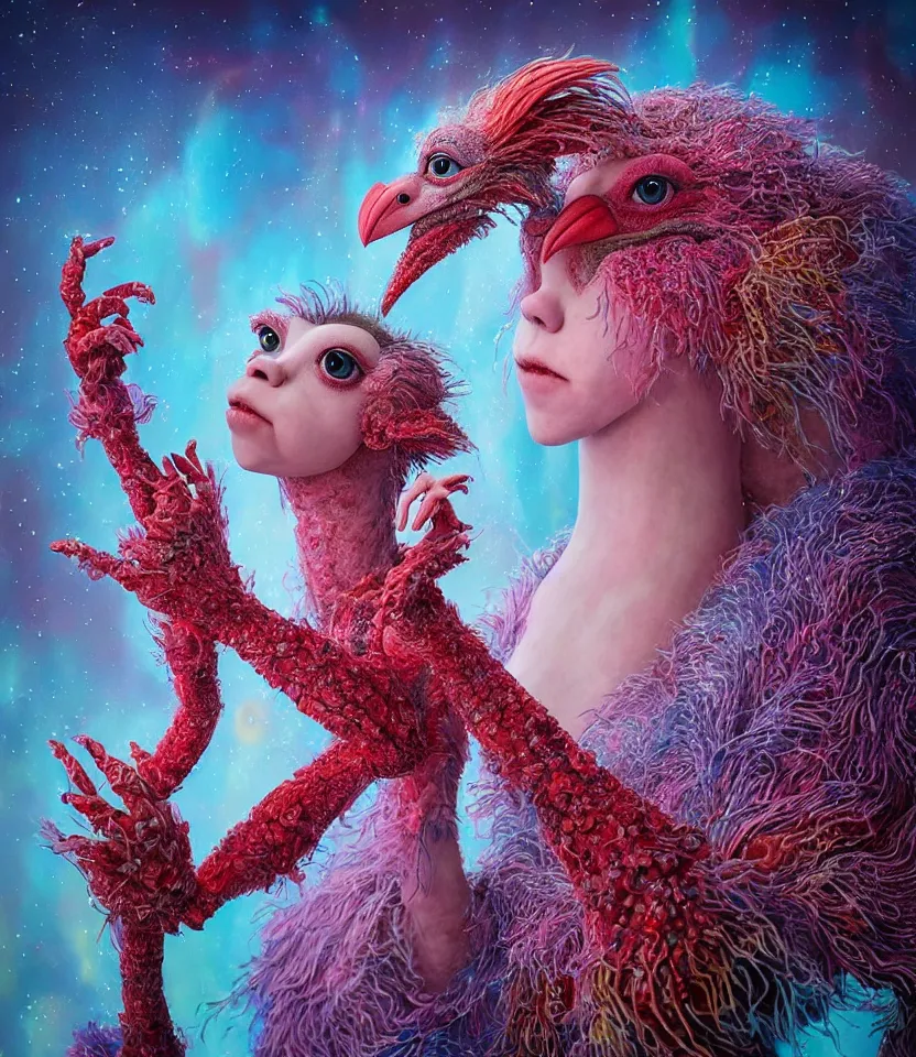 Image similar to hyper detailed 3d render like a Oil painting - kawaii portrait of lovers Aurora (a beautiful girl skeksis muppet fae princess protective playful expressive acrobatic from dark crystal that looks like Anya Taylor-Joy) seen red carpet photoshoot in UVIVF posing in scaly dress to Eat of the Strangling network of yellowcake aerochrome and milky Fruit and His delicate Hands hold of gossamer polyp blossoms bring iridescent fungal flowers whose spores black the foolish stars by Jacek Yerka, Ilya Kuvshinov, Mariusz Lewandowski, Houdini algorithmic generative render, golen ratio, Abstract brush strokes, Masterpiece, Edward Hopper and James Gilleard, Zdzislaw Beksinski, Mark Ryden, Wolfgang Lettl, hints of Yayoi Kasuma and Dr. Seuss, Grant Wood, octane render, 8k