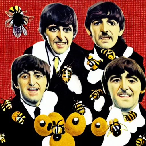 Image similar to portrait of The Beatles performing in studio except they are actual bees with faces like bees