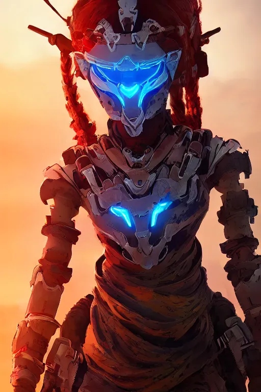 Image similar to combination suit armor aloy horizon forbidden west horizon zero dawn radiating a glowing aura global illumination ray tracing hdr fanart arstation by ian pesty and alena aenami artworks in 4 k tribal robot ninja mask helmet backpack