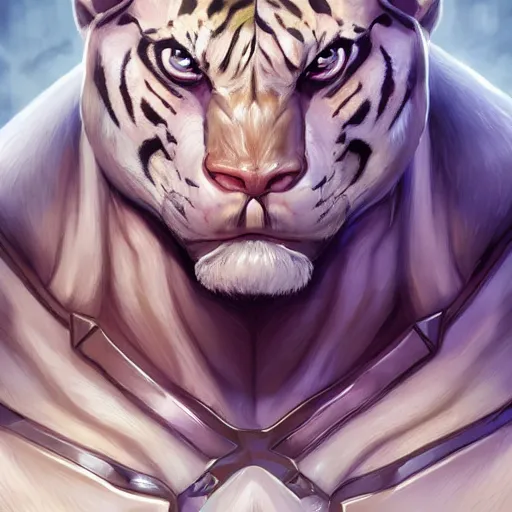 Image similar to a esthetic portrait commission of a muscular antrho albino tiger wearing the superman outfit,hyperdetailed face,character design by charlie bowater,ross tran,artgerm,makoto shibkai,photorealistic,western comic book art,film poster,deviantart,artstation