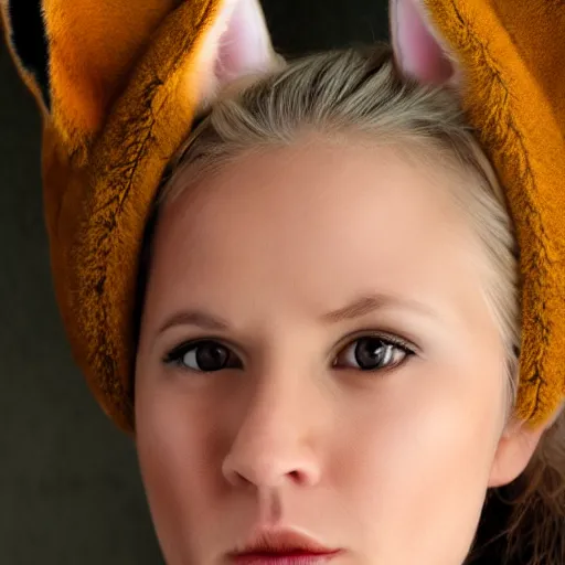 Image similar to woman with fox ears and fox facial features, furry face, close - up, headshot, detailed, symmetric