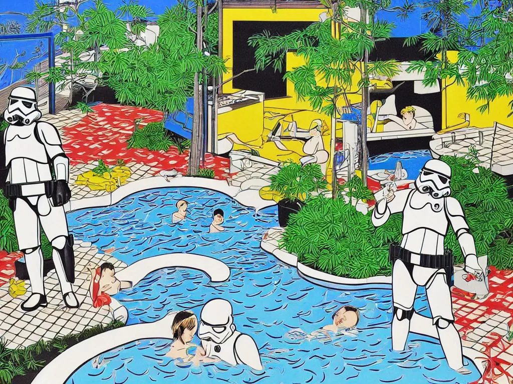 Image similar to hyperrealism composition of the japanese house with a hot springs in the garden, two detailed stormtroopers bathe in a hot spring, pop - art style, jacky tsai style, andy warhol style, roy lichtenstein style, acrylic on canvas