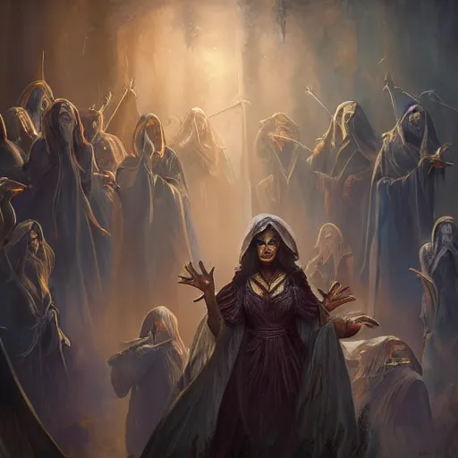 Image similar to beautiful female wizard, daughter of death, surrounded by followers, featured on artstation, 8k highly detailed, intricate oil painting, concept art