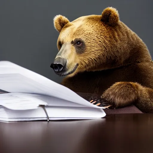 Image similar to bored bear at office, head leaning on paw with elbow on table, piles of paperwork