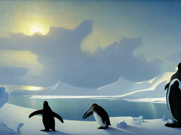 Prompt: an oil painting of a penguin next to a frozen ocean and a misty glacier at dusk. aurora. by tuomas korpi moebius and carl spitzweg. baroque elements. intricate artwork by caravaggio. oil painting. oil on canvas. award winning. dramatic. trending on artstation. 8 k