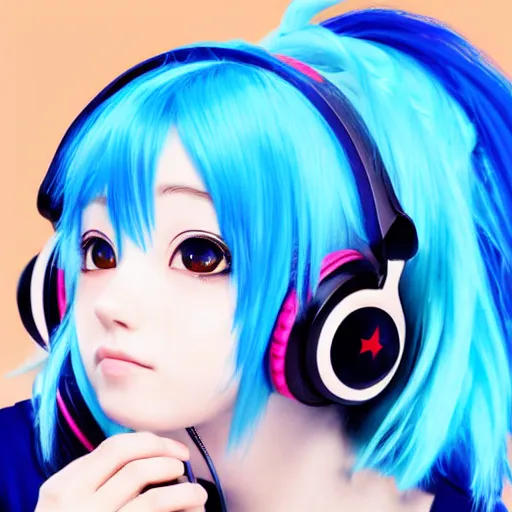 Prompt: an anime girl with blue hair and headphones