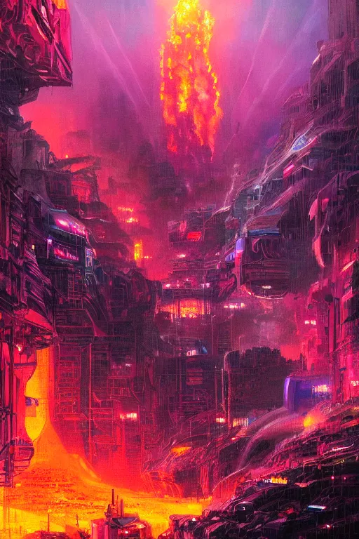 Image similar to a cyberpunk city in the crater of a volcano, lava flowing, smoke, fire, neon, clubs, festival, lasers, industrial, by paul lehr, jesper ejsing