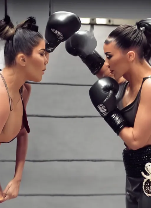 Prompt: film still of kylie Jenner boxing kim kardashian.