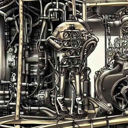 Image similar to a man with engines growing out of his back, man engine, man and machine