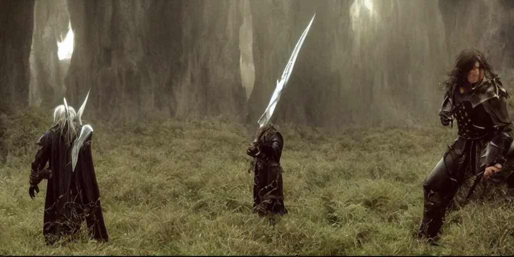 Image similar to still frame from a Drizzt Do'Urden film if it were directed by Peter Jackson, fantasy, high resolution, 35mm film