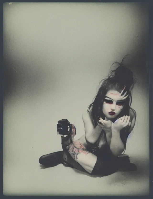 Image similar to polaroid photo with flash, girl sitting on a bad, heavy make up, grunge style, asian, polaroid photo bleached strong lights, kodak film stock, hyper real, stunning moody cinematography, with anamorphic lenses, by maripol, by stanley kubrick, detailed